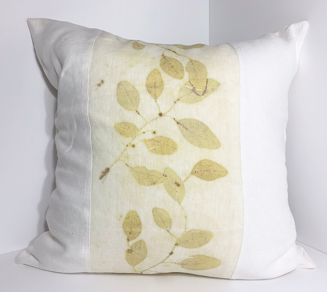 yellow eucalyptus leaves and white- Linen cushion . 18 inch square.